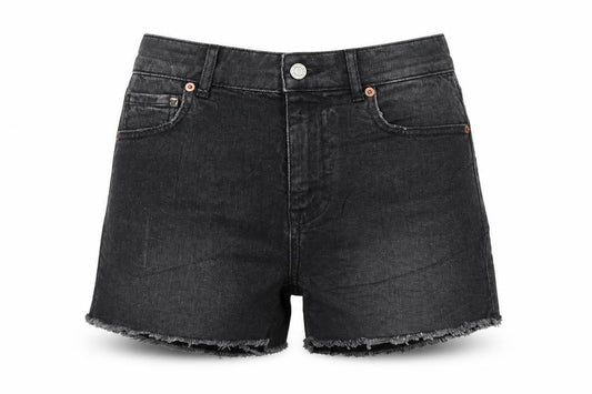 Front view of Marks & Spencer women’s black cotton boyfriend shorts, size UK 6, regular