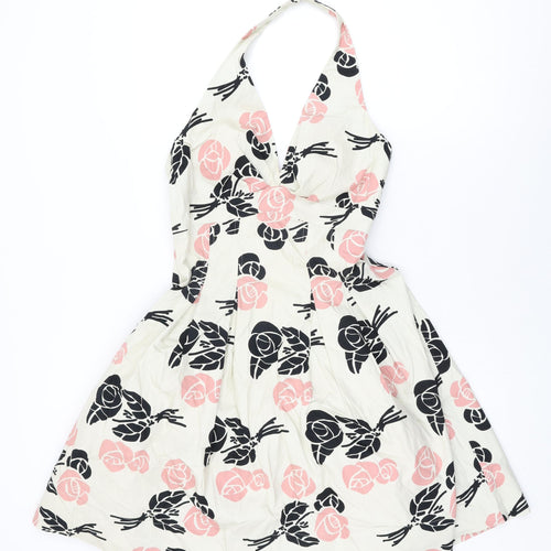 Warehouse Womens Ivory Floral Cotton A-Line Size 10 Halter Zip