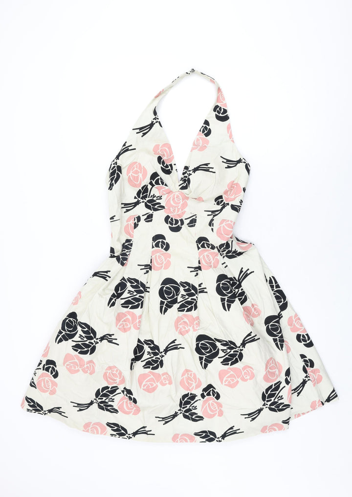 Warehouse Womens Ivory Floral Cotton A-Line Size 10 Halter Zip