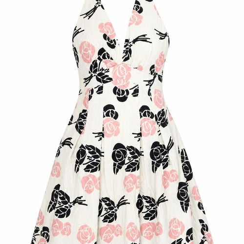 Warehouse Womens Ivory Floral Cotton A-Line Size 10 Halter Zip