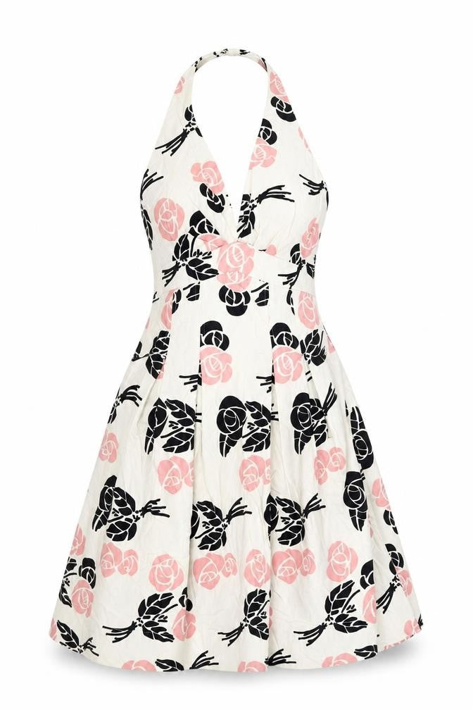 Warehouse Womens Ivory Floral Cotton A-Line Size 10 Halter Zip
