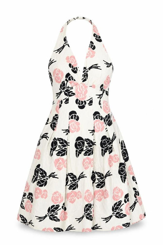 Front view of Warehouse women’s ivory floral cotton a-line, size UK 10, halter zip