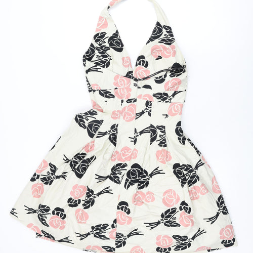 Warehouse Womens Ivory Floral Cotton A-Line Size 10 Halter Zip