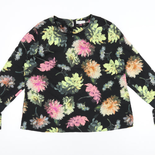 Warehouse Womens Black Floral Polyester Basic Blouse Size 16 Round Neck