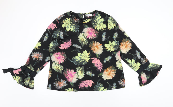 Warehouse Womens Black Floral Polyester Basic Blouse Size 16 Round Neck