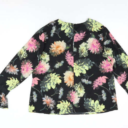 Warehouse Womens Black Floral Polyester Basic Blouse Size 16 Round Neck