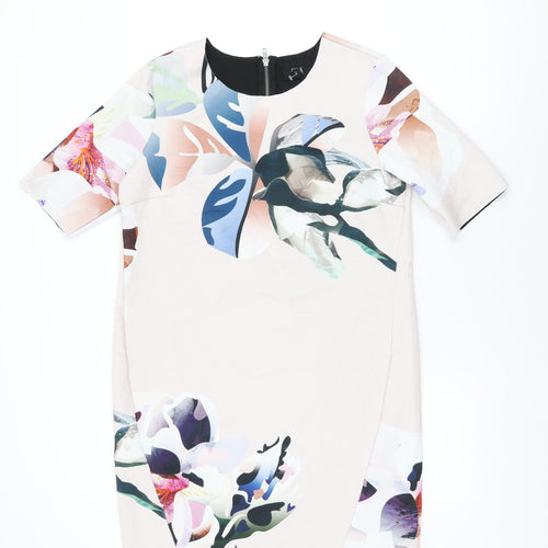 NEXT Womens Pink Floral Viscose Shift Size 12 Round Neck Zip