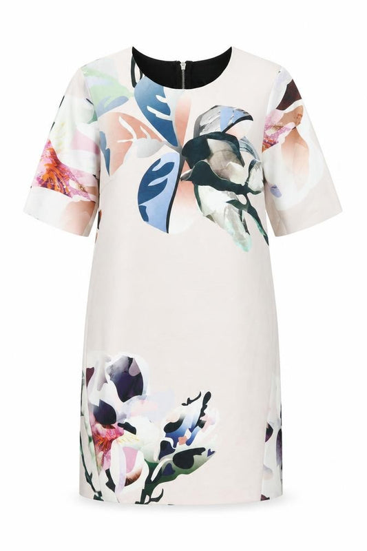 Front view of Next women’s pink floral viscose shift, size UK 12, round neck zip