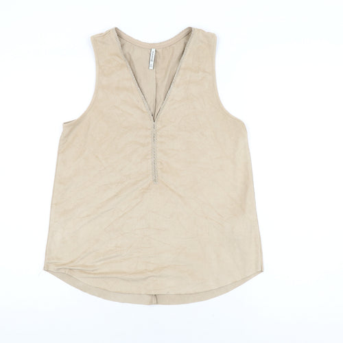 Stradivarius Womens Beige Polyester Basic T-Shirt Size S V-Neck