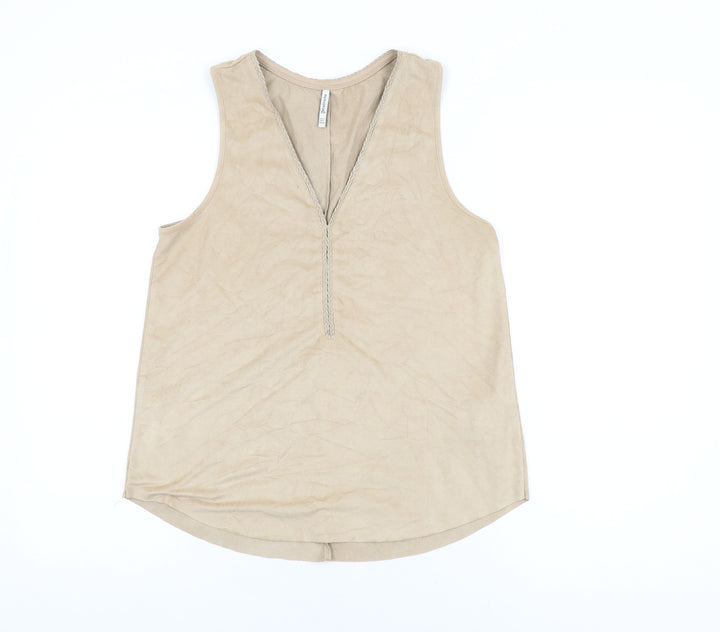 Stradivarius Womens Beige Polyester Basic T-Shirt Size S V-Neck
