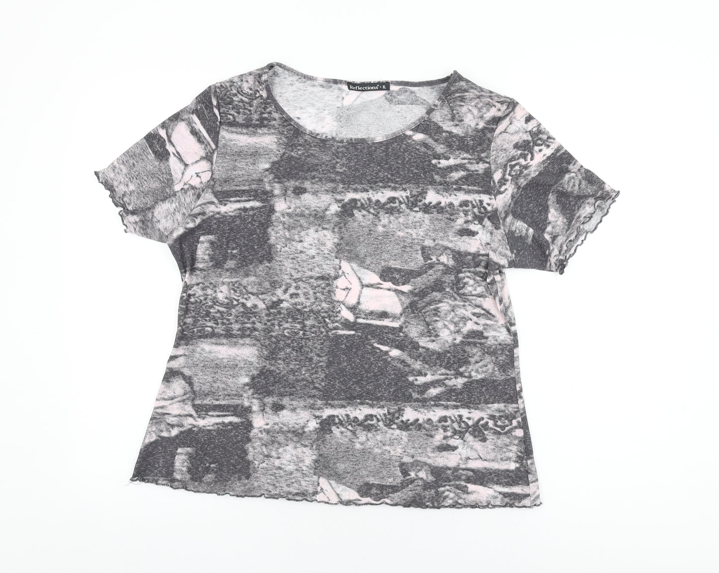 Reflections Womens Grey Geometric Polyester Basic T-Shirt Size XL Round Neck