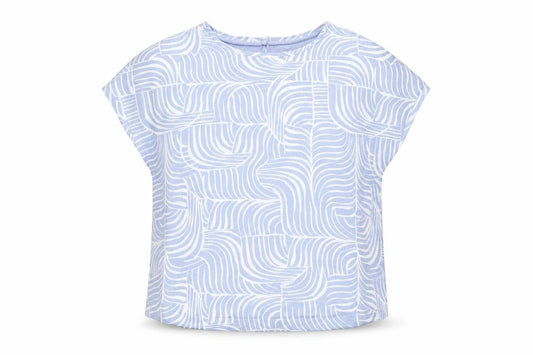 Front view of Marks & Spencer women’s blue geometric viscose basic blouse, size UK 16, round neck