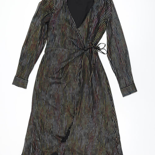 Warehouse Womens Black Striped Polyester Wrap Dress Size 12 V-Neck Tie