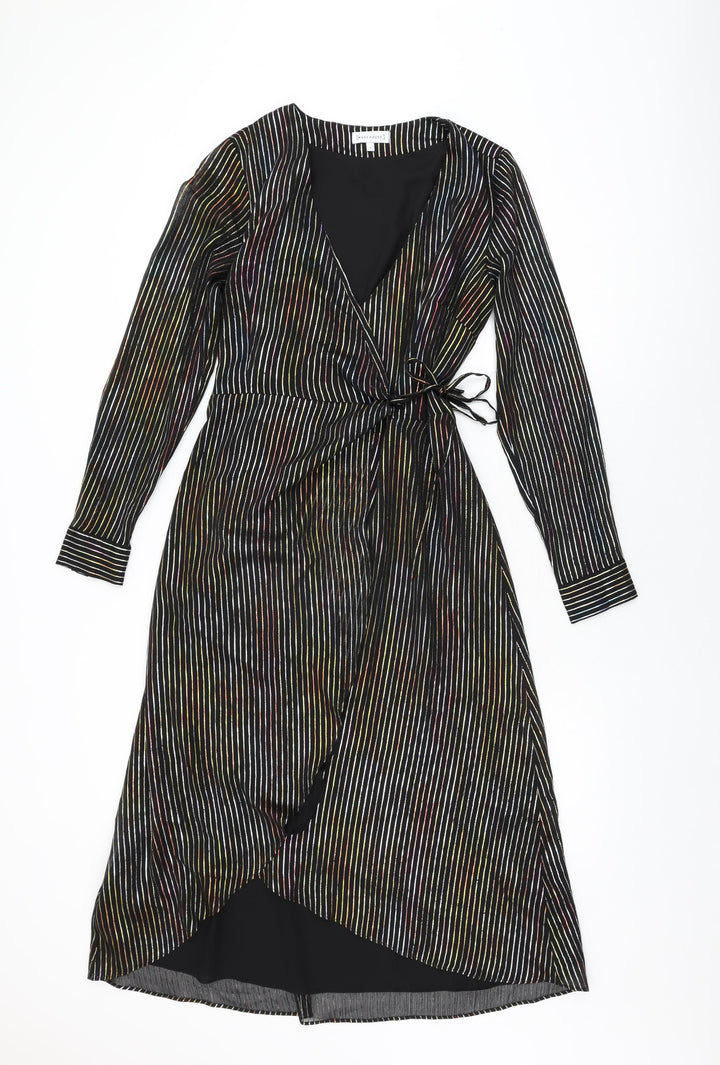 Warehouse Womens Black Striped Polyester Wrap Dress Size 12 V-Neck Tie