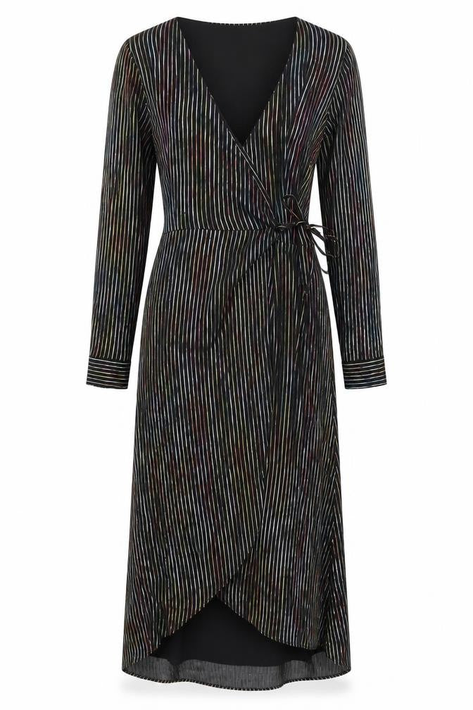 Front view of Warehouse women’s black striped polyester wrap dress, size UK 12, v-neck tie