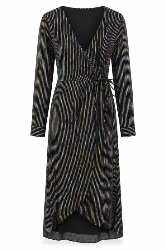 Front view of Warehouse women’s black striped polyester wrap dress, size UK 12, v-neck tie