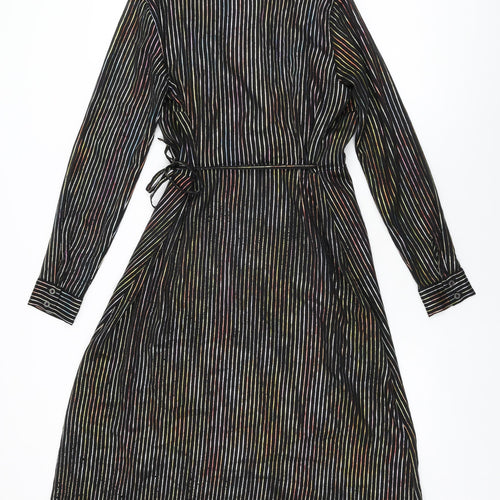 Warehouse Womens Black Striped Polyester Wrap Dress Size 12 V-Neck Tie