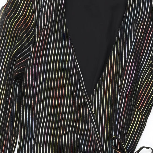 Warehouse Womens Black Striped Polyester Wrap Dress Size 12 V-Neck Tie