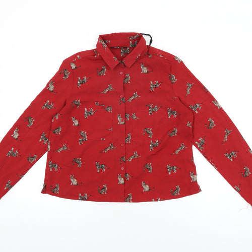 New Look Womens Red Geometric Polyester Basic Button-Up Size 10 Collared