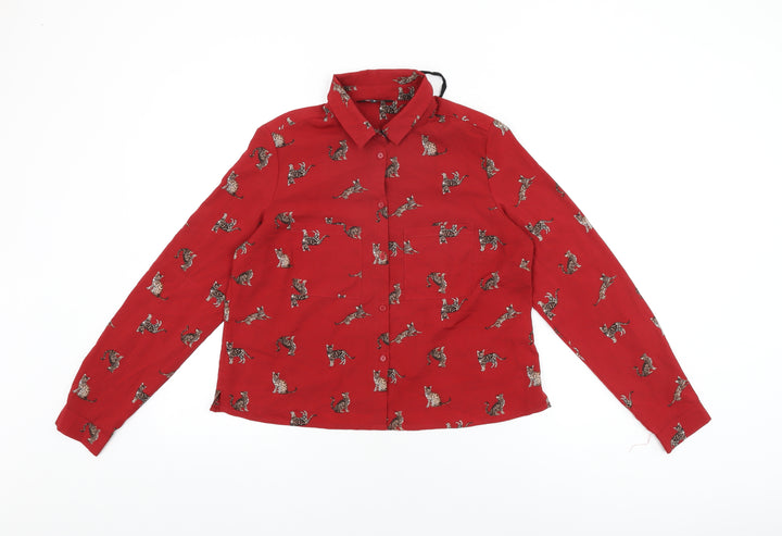 New Look Womens Red Geometric Polyester Basic Button-Up Size 10 Collared