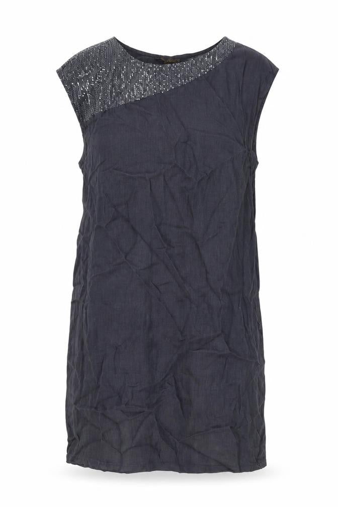 Front view of Plazza Roma women’s grey linen shift, size L, round neck pullover