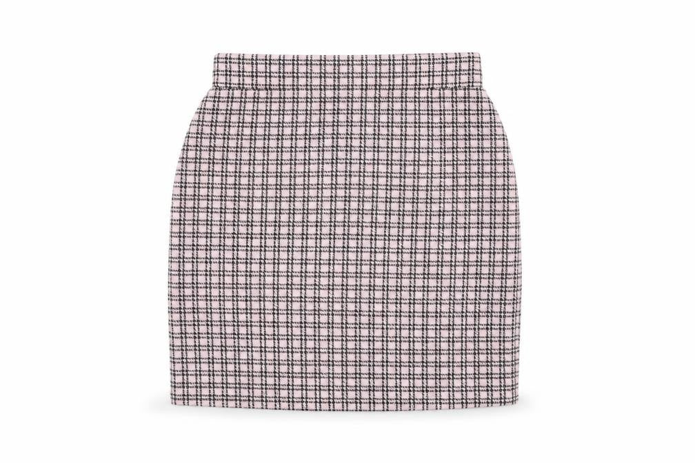 Front view of New Look women’s pink geometric polyester mini skirt, size UK 8