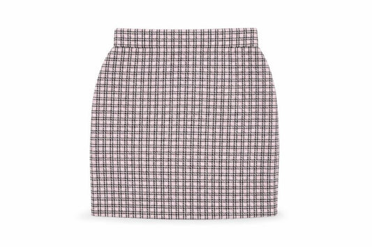 Front view of New Look women’s pink geometric polyester mini skirt, size UK 8
