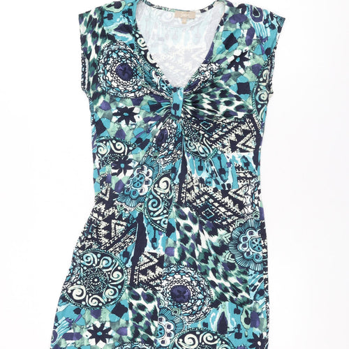 Soon Womens Blue Geometric Viscose Bodycon Size 14 V-Neck Pullover