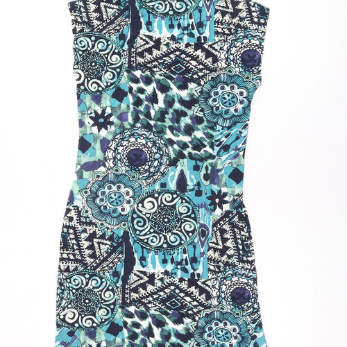 Soon Womens Blue Geometric Viscose Bodycon Size 14 V-Neck Pullover