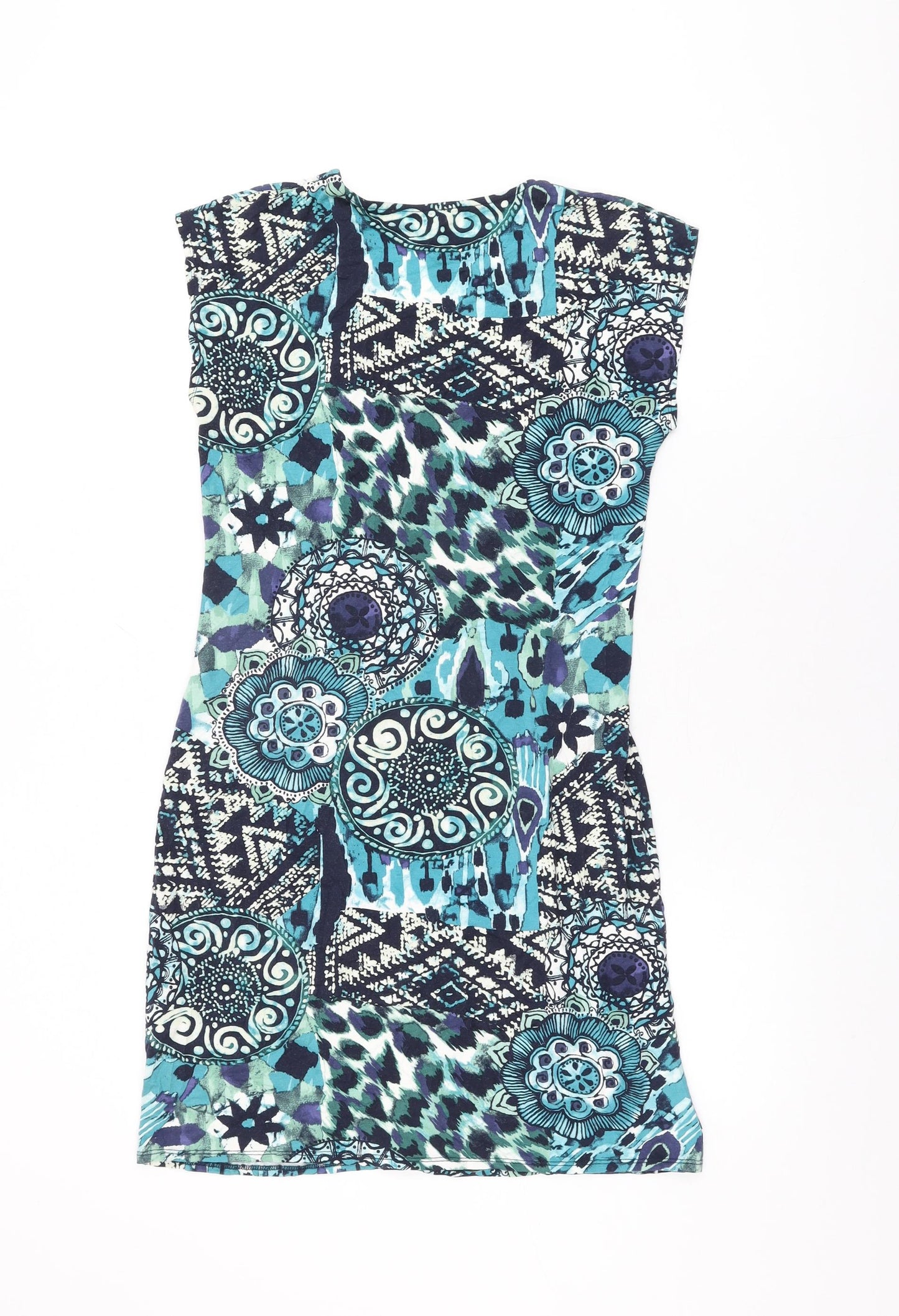 Soon Womens Blue Geometric Viscose Bodycon Size 14 V-Neck Pullover