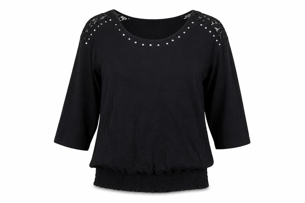Front view of Klass women’s black viscose basic t-shirt, size S, round neck