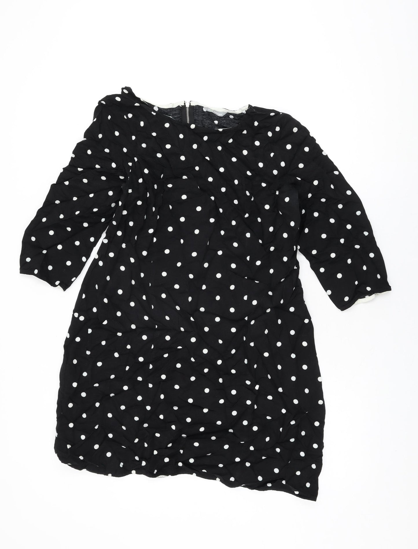 Marks and Spencer Womens Black Polka Dot Viscose Shift Size 16 Round Neck Zip