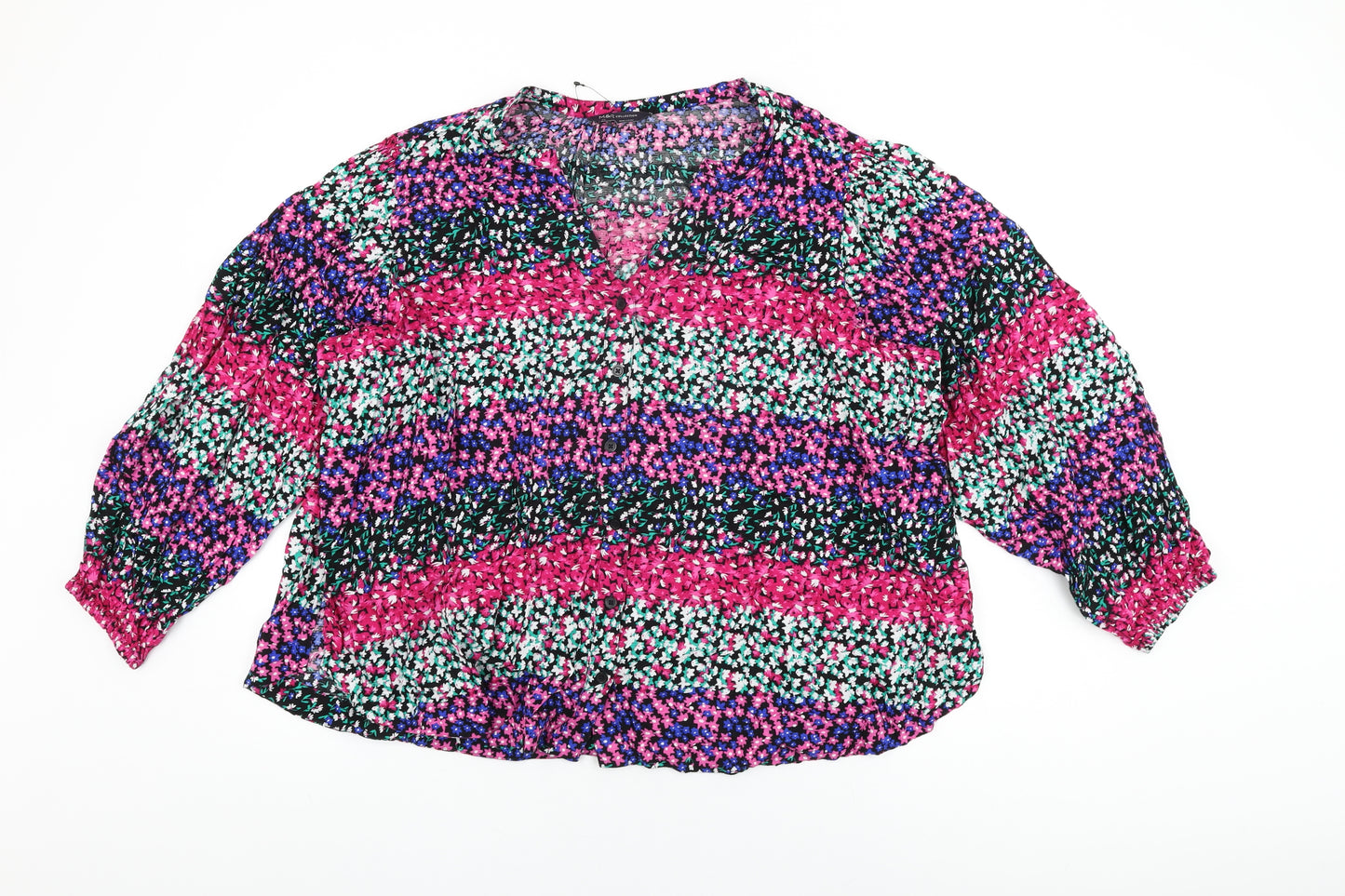 Marks and Spencer Womens Multicoloured Floral Viscose Basic Button-Up Size 22 V-Neck