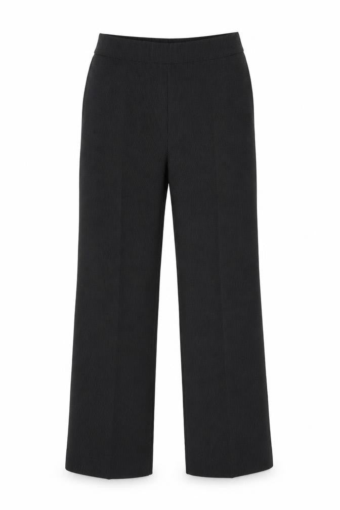 Front view of Kaliko women’s black geometric polyester trousers, size UK 10, 30-inch leg regular zip