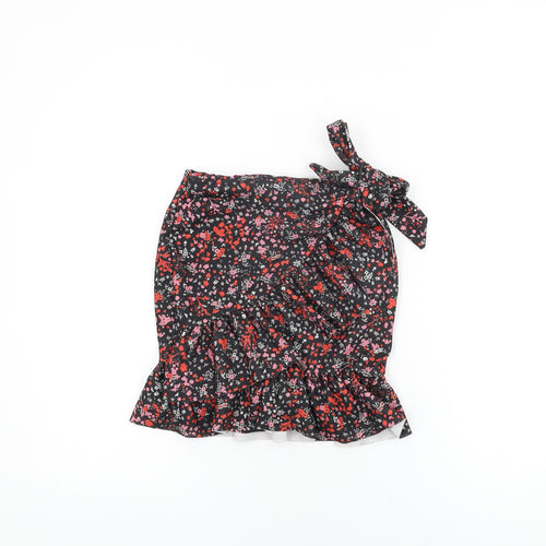 PRETTYLITTLETHING Womens Black Floral Polyester Wrap Skirt Size 6 Tie