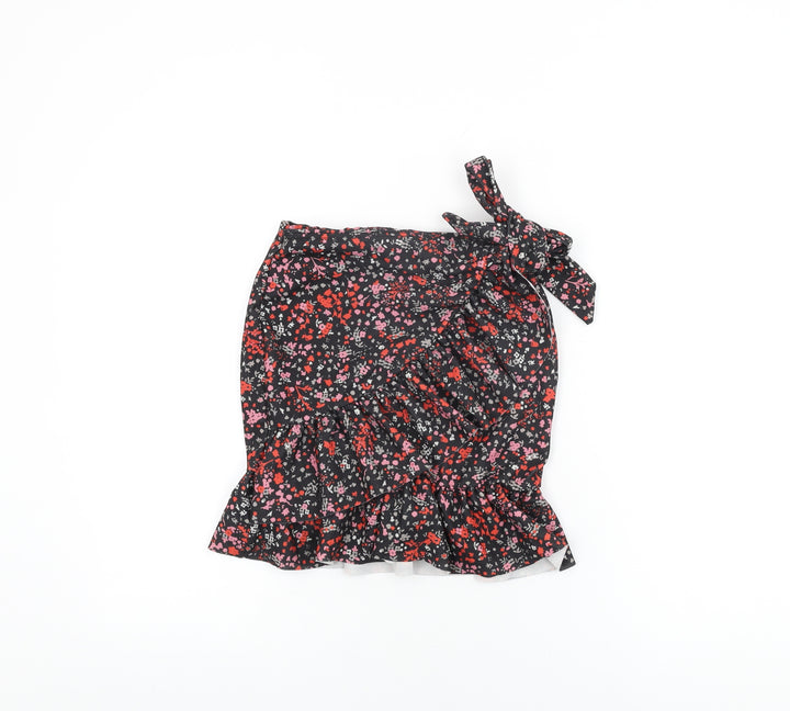 PRETTYLITTLETHING Womens Black Floral Polyester Wrap Skirt Size 6 Tie