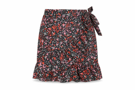 Front view of PRETTYLITTLETHING women’s black floral polyester wrap skirt, size UK 6, tie