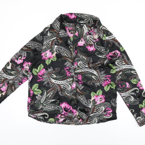 Boohoo Womens Black Floral Polyester Basic Button-Up Size L Collared