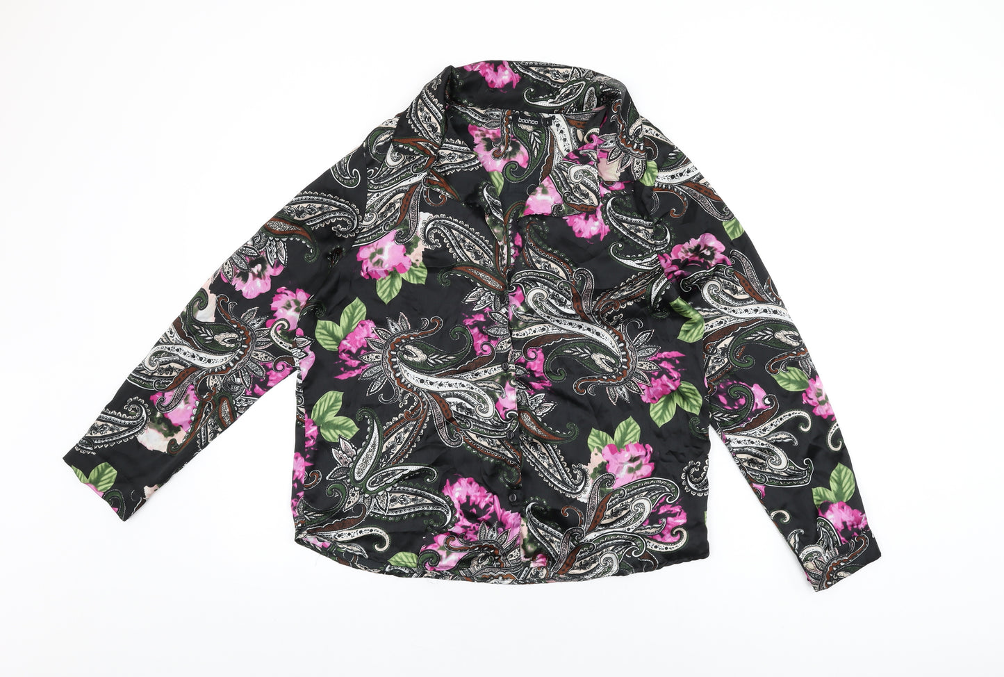 Boohoo Womens Black Floral Polyester Basic Button-Up Size L Collared