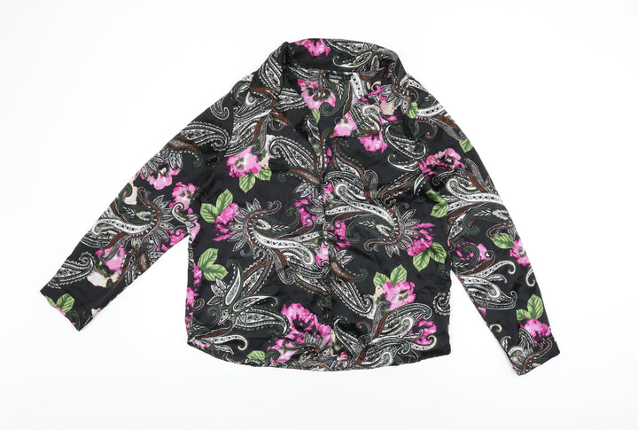 Boohoo Womens Black Floral Polyester Basic Button-Up Size L Collared