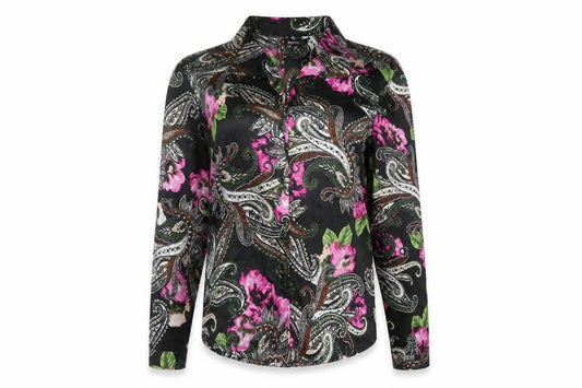Front view of Boohoo women’s black floral polyester basic button-up, size L, collared