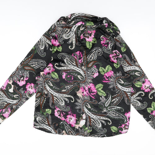 Boohoo Womens Black Floral Polyester Basic Button-Up Size L Collared