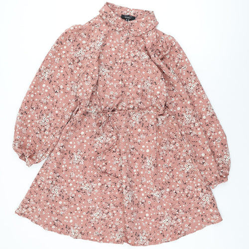 New Look Womens Pink Floral Polyester Skater Dress Size 10 Collared Button