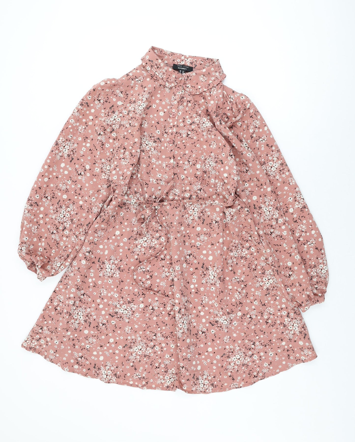 New Look Womens Pink Floral Polyester Skater Dress Size 10 Collared Button