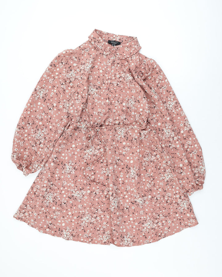 New Look Womens Pink Floral Polyester Skater Dress Size 10 Collared Button