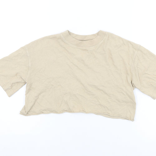 Topshop Womens Beige Cotton Cropped T-Shirt Size 6 Round Neck