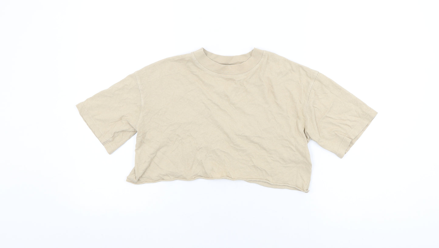 Topshop Womens Beige Cotton Cropped T-Shirt Size 6 Round Neck