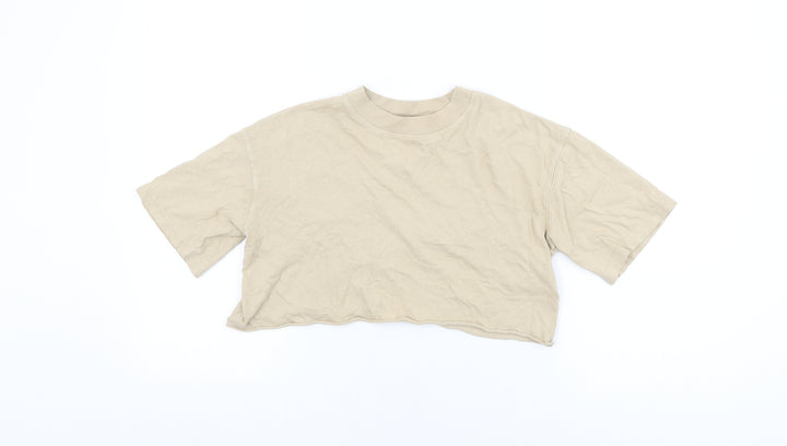 Topshop Womens Beige Cotton Cropped T-Shirt Size 6 Round Neck