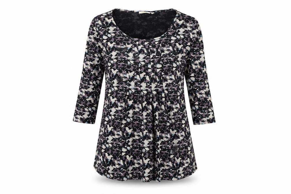 Front view of Adini women’s black geometric viscose basic t-shirt, size S, scoop neck