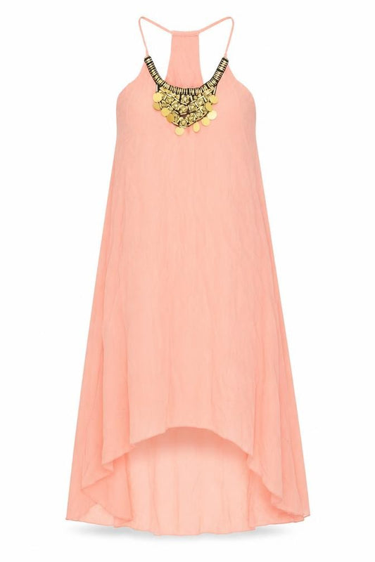 Front view of Boohoo women’s pink polyester maxi, size UK 10, round neck pullover